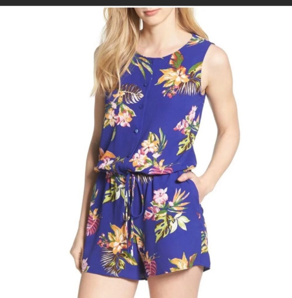 Gibson Captiva Romper Floral Print Sleeveless Blue Size Large